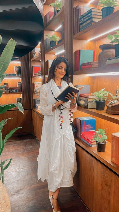 White Drape Dress with Scarf